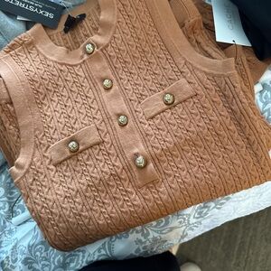 Versona Tan Sleeveless Knit Top with Gold Buttons